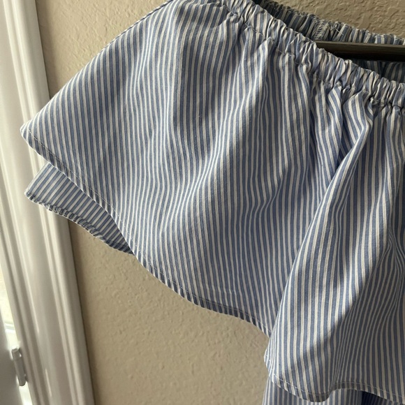 Zara Off-Shoulder Light Blue Striped Mini Dress - Picture 3 of 4